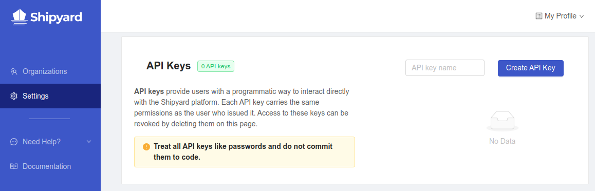 Settings page API keys