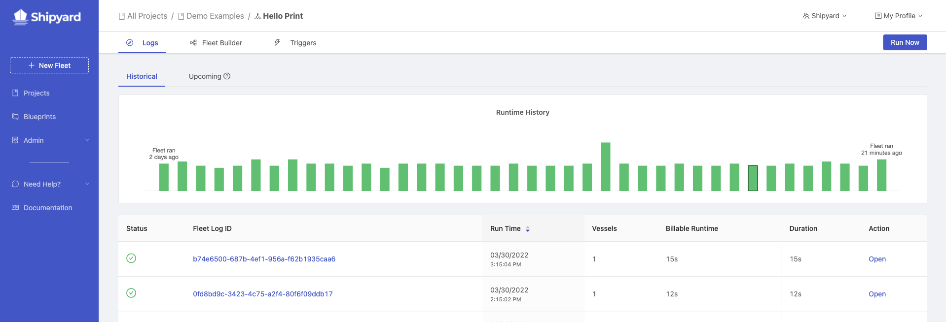 Fleet Logs Historical Page